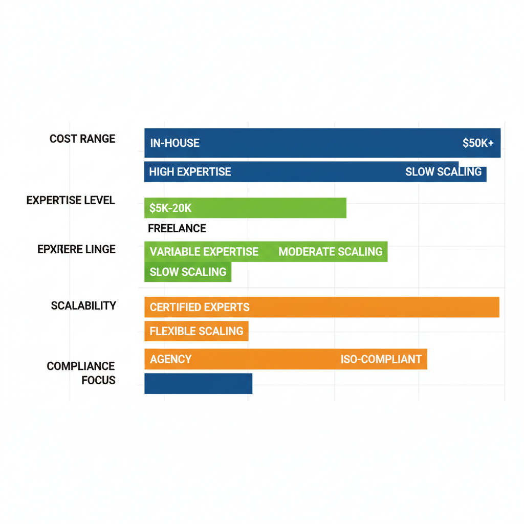 Horizontal bar chart comparing in-house, freelance, and agency Shopify outsourcing models across cost, expertise, scalability, and compliance categories