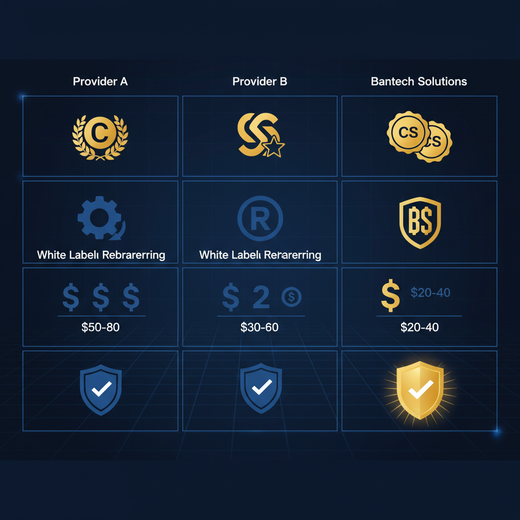 Infographic comparing top Shopify providers on certification, white label capabilities, hourly rates, and compliance with Bantech highlighted