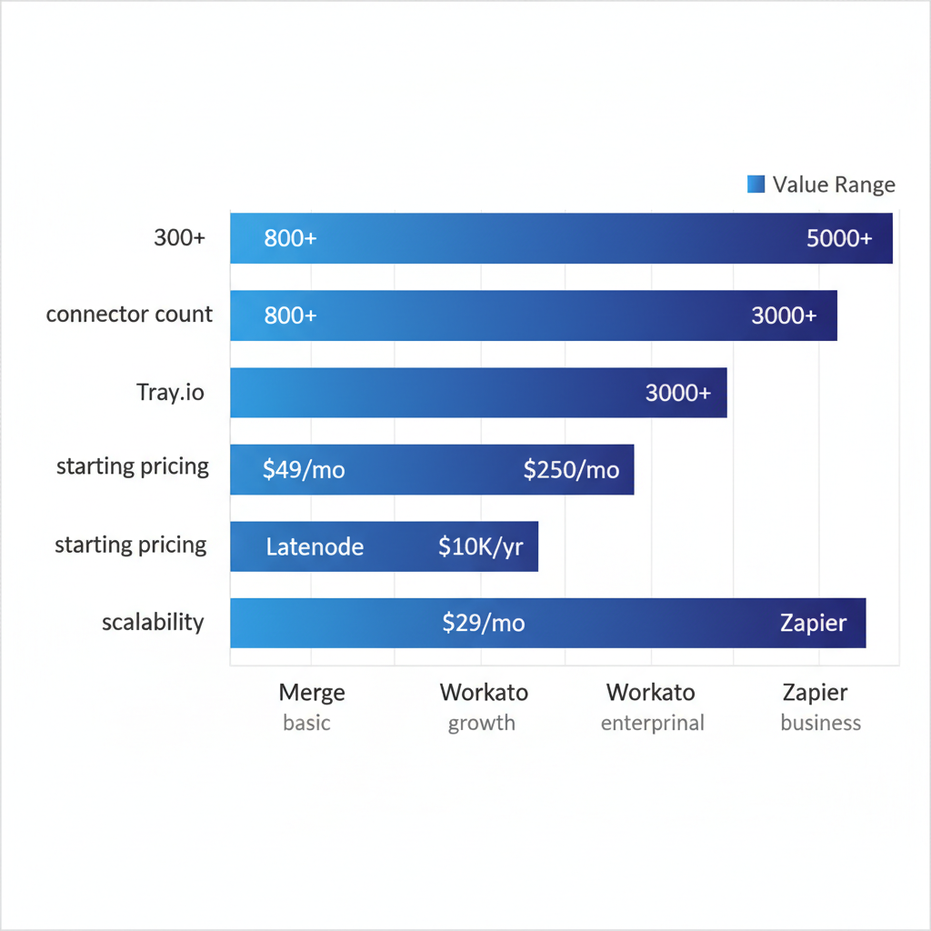 Horizontal bar chart comparing connector count, pricing, and scalability of top white label API tools: Merge, Latenode, Tray.io, Workato, Zapier.