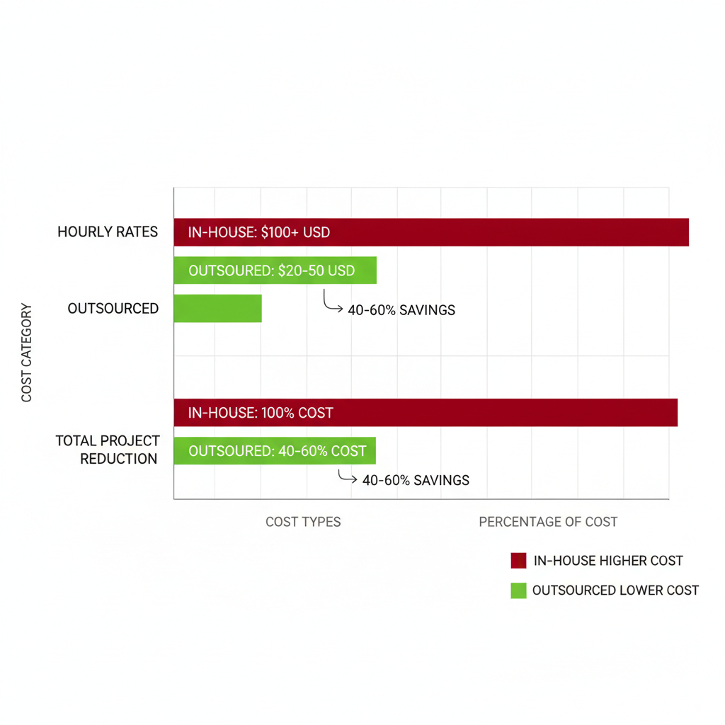Horizontal bar chart showing cost savings in API development outsourcing to India with green outsourced bars lower than red in-house bars