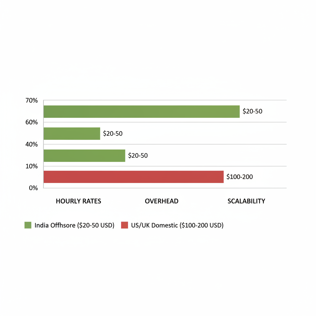 Horizontal bar chart comparing development costs and savings between India offshore and domestic US/UK software development