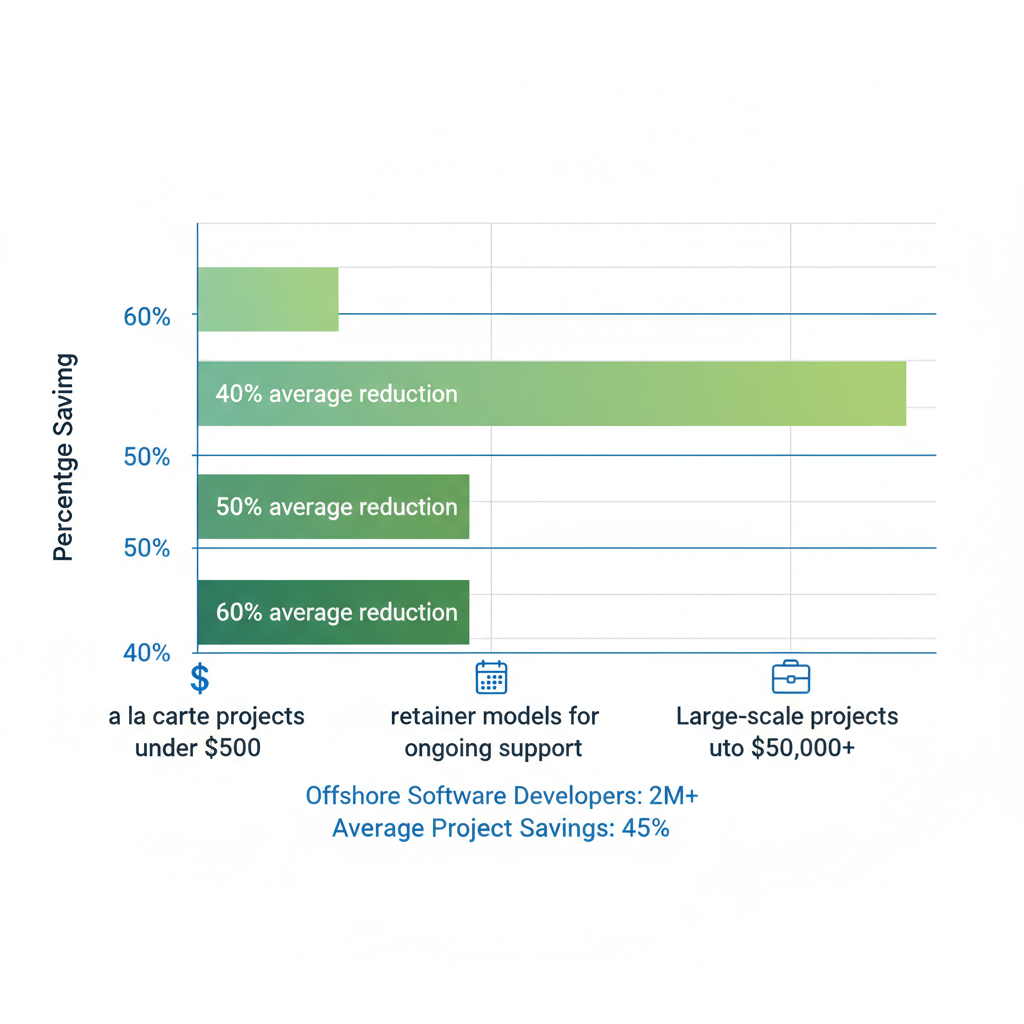 Horizontal bar chart of cost-effective white label pricing models and savings for offshore software development