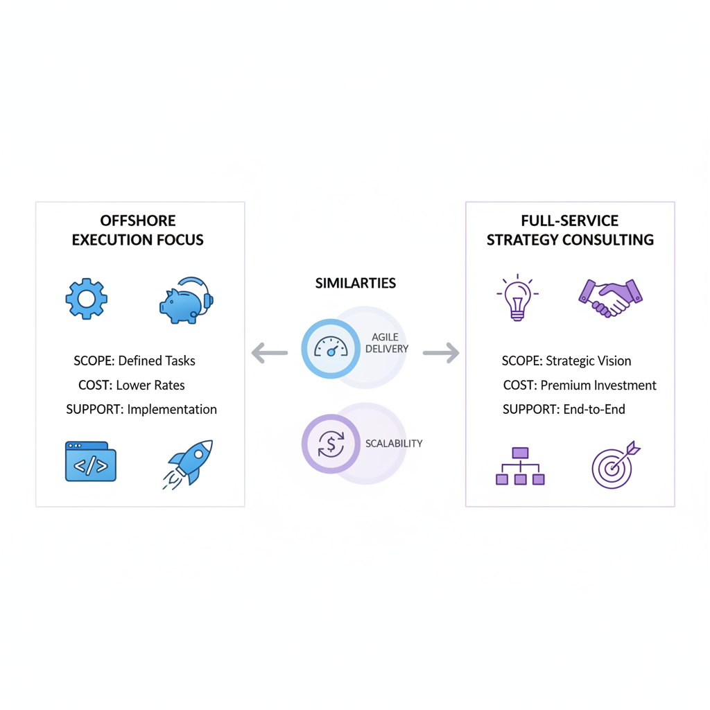 Infographic comparing offshore development partners and full-service IT consulting firms, showing execution, similarities, strategy, and key aspects like scope, cost, support.