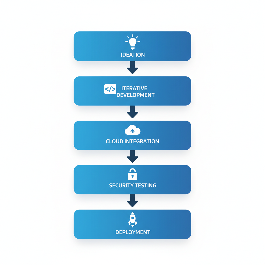 Vertical process flow diagram illustrating five stages of agile custom software development: ideation, iterative development, cloud integration, security testing, and deployment.