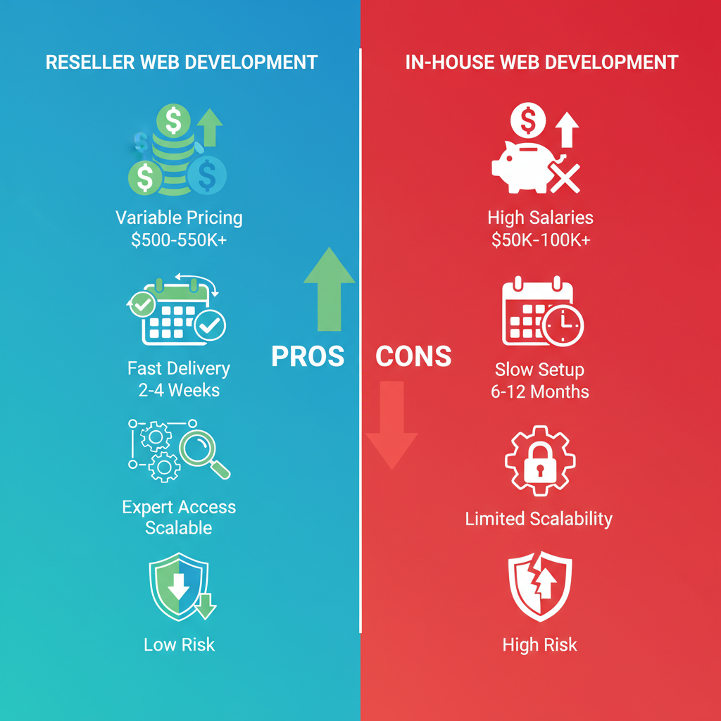 Infographic comparing benefits of reseller web development versus in-house challenges for agencies
