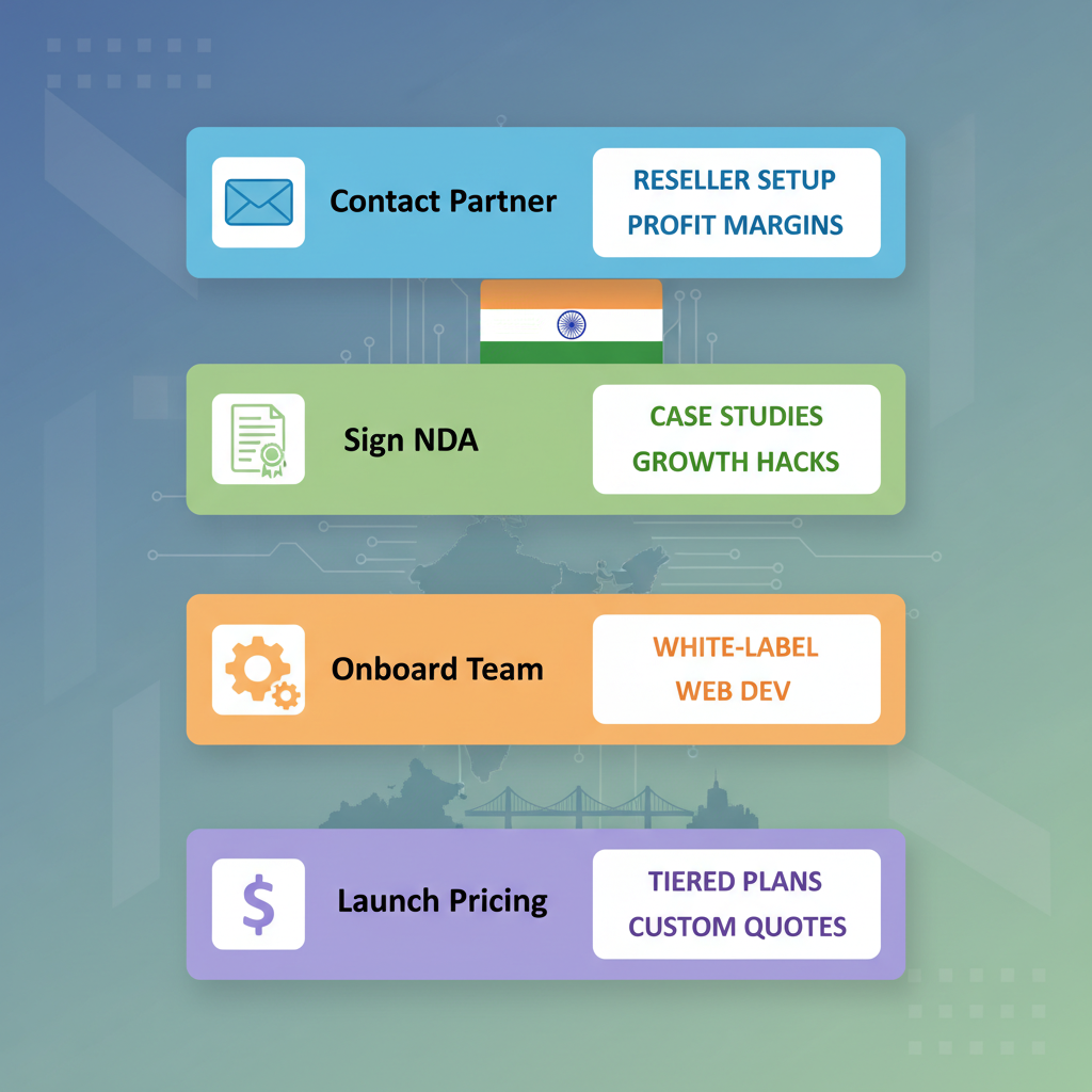 Horizontal process flow diagram outlining steps to set up a reseller web development program