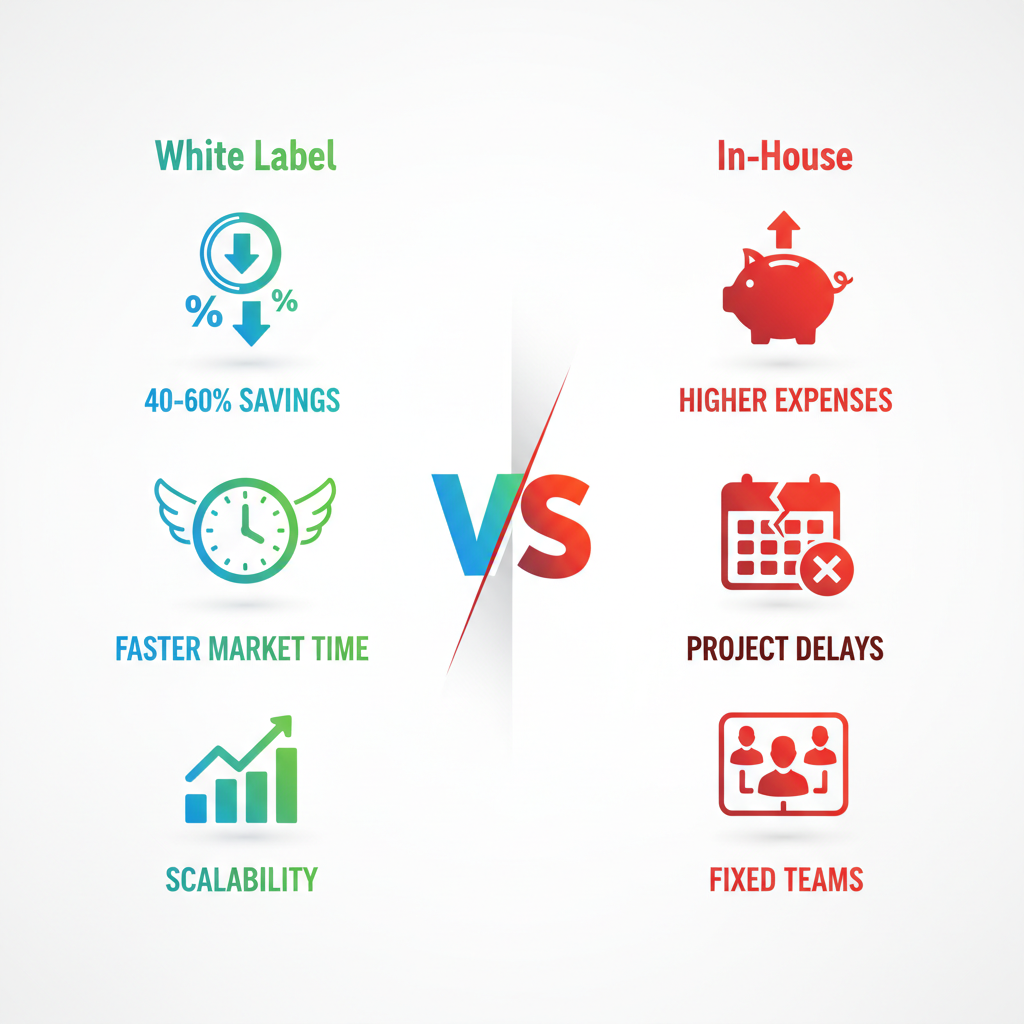 Infographic comparing benefits of white label web development partnerships to in-house development with icons and key stats