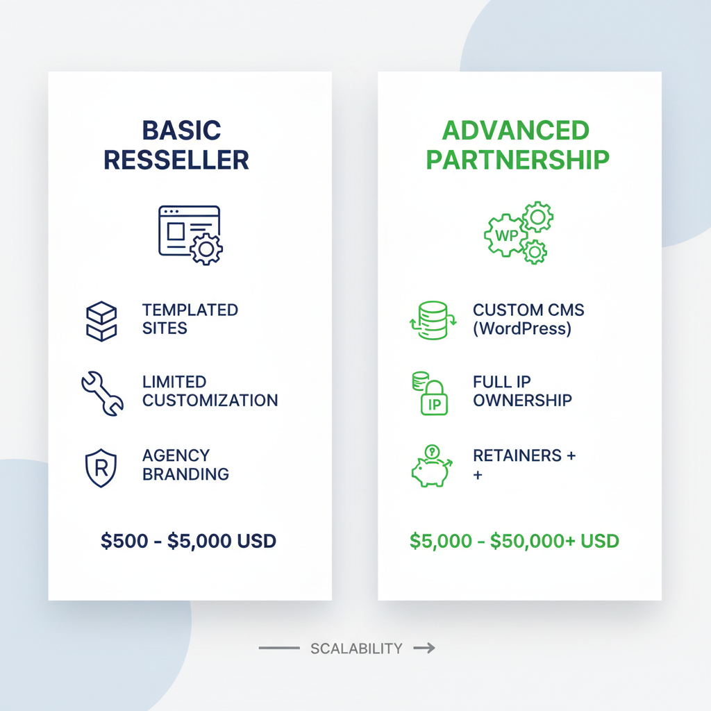 Infographic comparing basic reseller and advanced partnership models in white label web development for Indian agencies