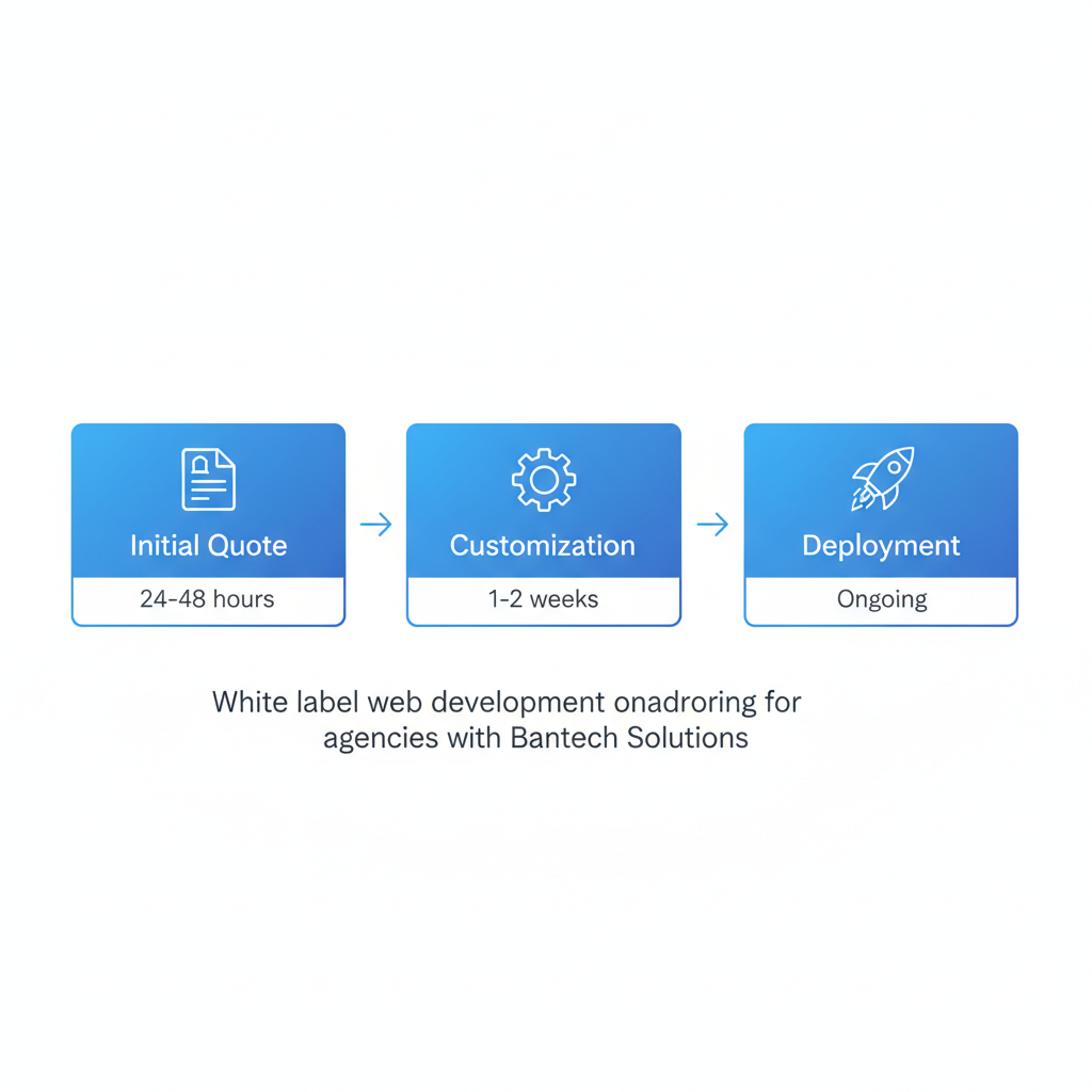 Horizontal process flow illustrating white label project onboarding stages for Bantech Solutions: Initial Quote, Customization, and Deployment with timelines and icons.