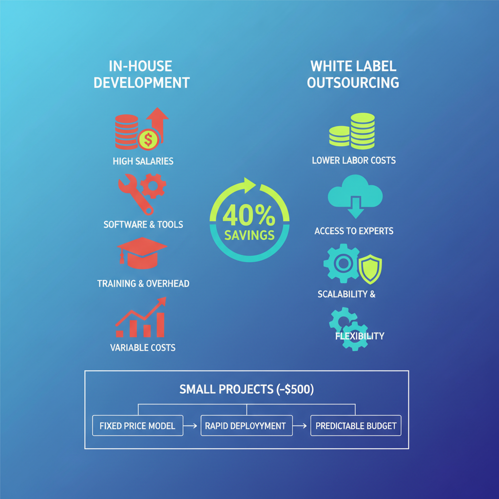 Infographic comparing in-house development costs versus white label outsourcing savings for agencies, featuring 40% reduction and pricing under $500
