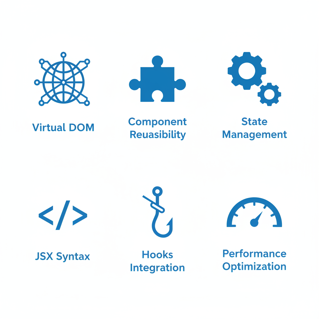 Grid of icons showing React features like Virtual DOM, component reusability, state management, JSX syntax, hooks, and performance optimization for white label development.