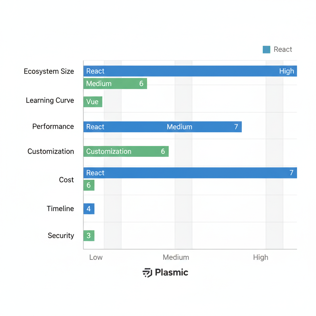 Horizontal bar chart comparing React and Vue frameworks across key white label development factors like ecosystem size, performance, and security