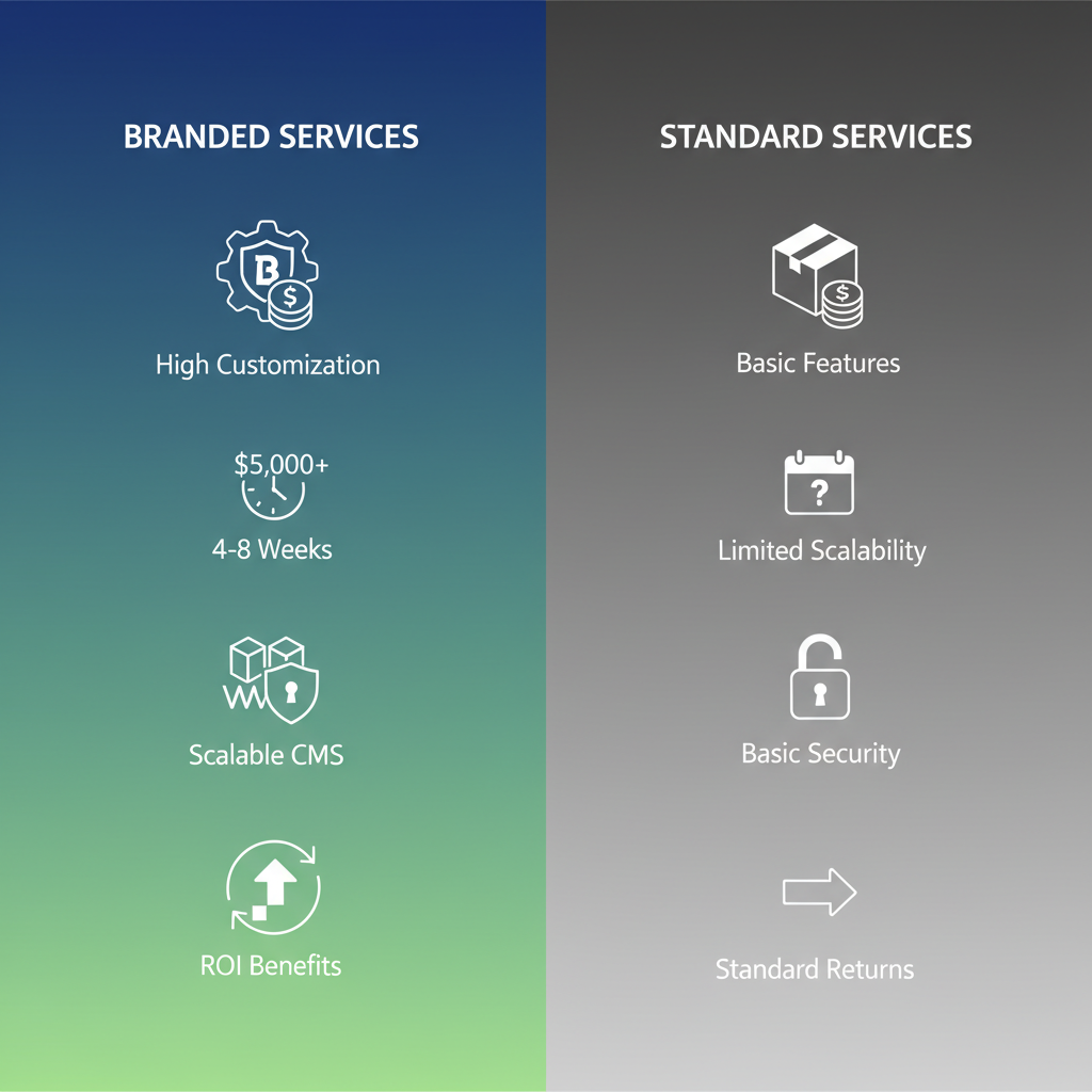 Infographic comparing branded and standard website services side by side with icons for customization, costs, timelines, and scalability