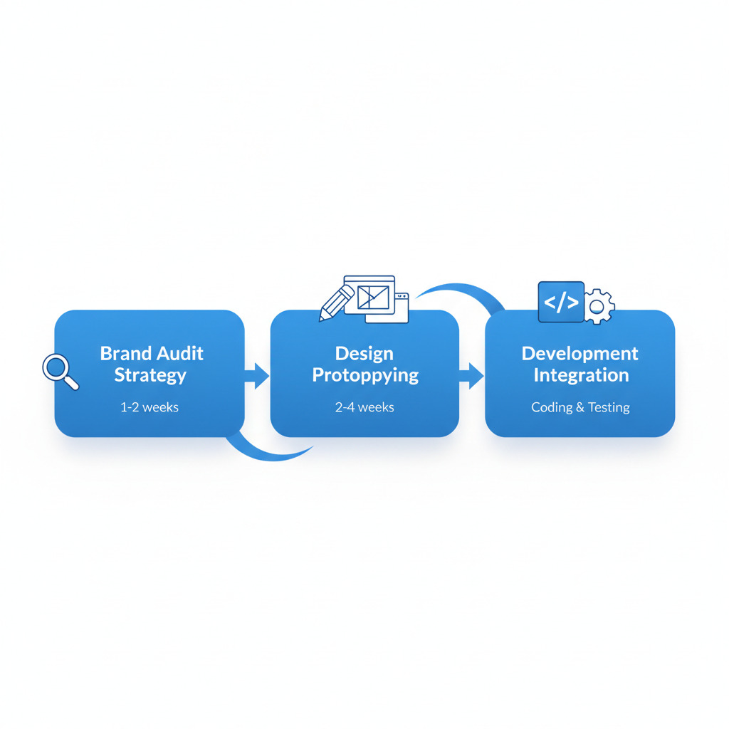 Horizontal process flow diagram illustrating three key phases of branded website development