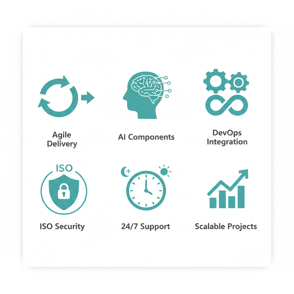 Icon grid illustrating Bantech Solutions' key features including agile delivery, AI-enhanced components, DevOps integration, ISO security, 24/7 support, and scalable projects in flat teal style.