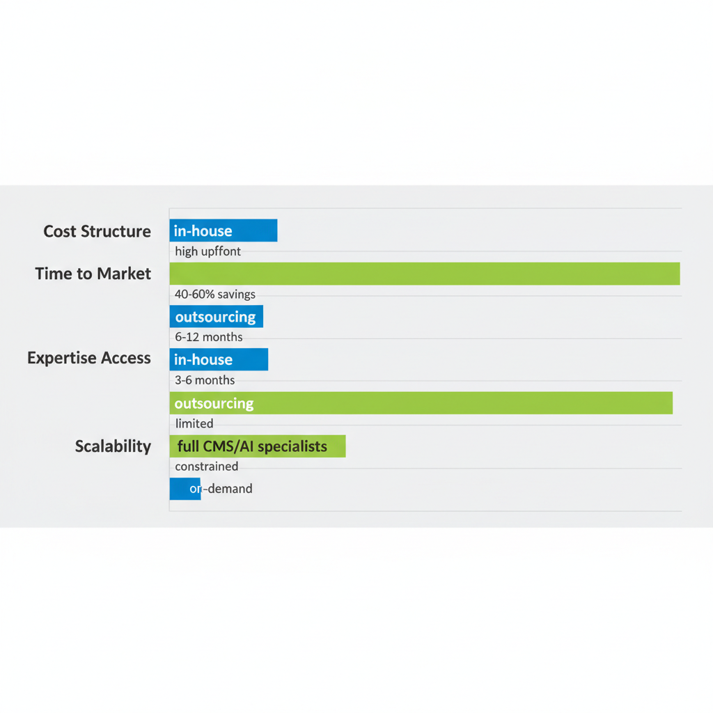 Horizontal bar chart comparing in-house versus outsourcing for ecommerce development across cost, time, expertise, and scalability metrics