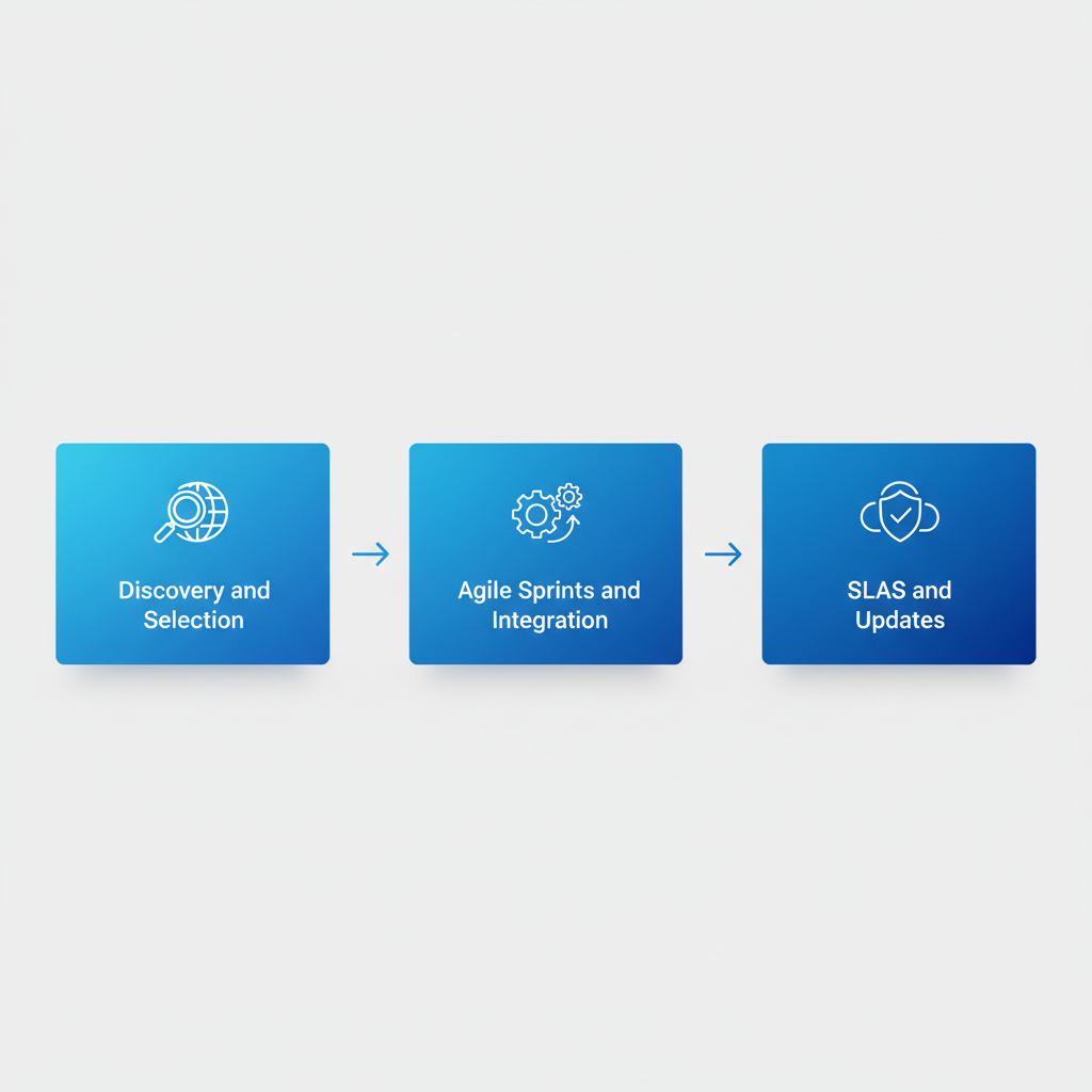 Horizontal process flow diagram illustrating three stages of ecommerce outsourcing partnerships: assessment, implementation, and ongoing support.
