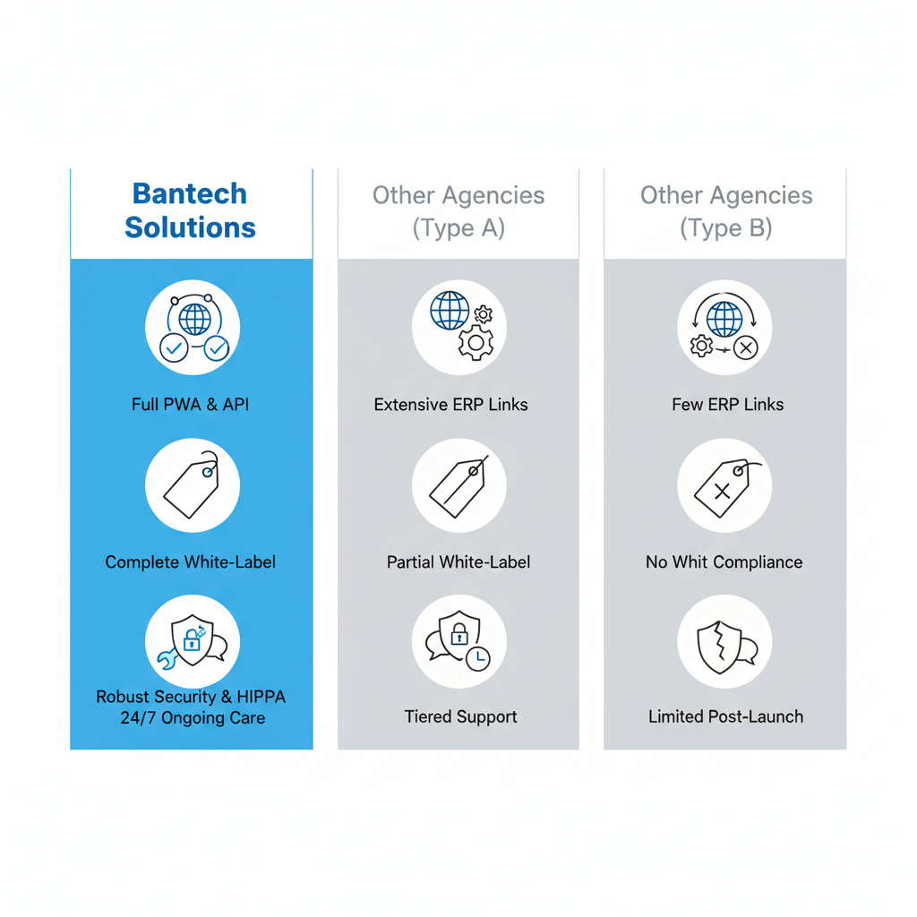 Infographic comparing key features of top Shopify Plus agencies including Bantech Solutions with icons for headless commerce, ERP integrations, white-label capabilities, security compliance, and post-launch support