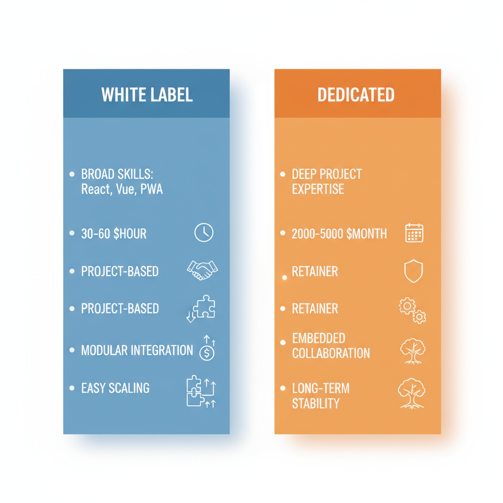 Infographic comparing white label and dedicated front-end development teams in India, featuring skills, pricing, integration, and scalability icons.