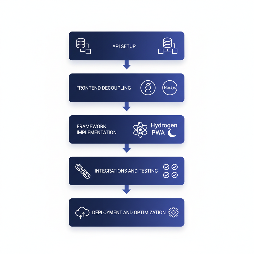 Vertical process flow diagram of five stages in headless Shopify development with Bantech