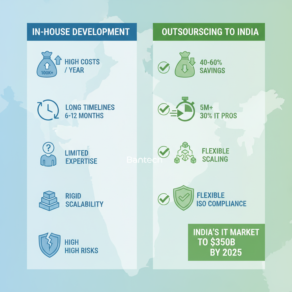Infographic comparing in-house versus outsourced software development to India, highlighting cost savings and efficiency gains