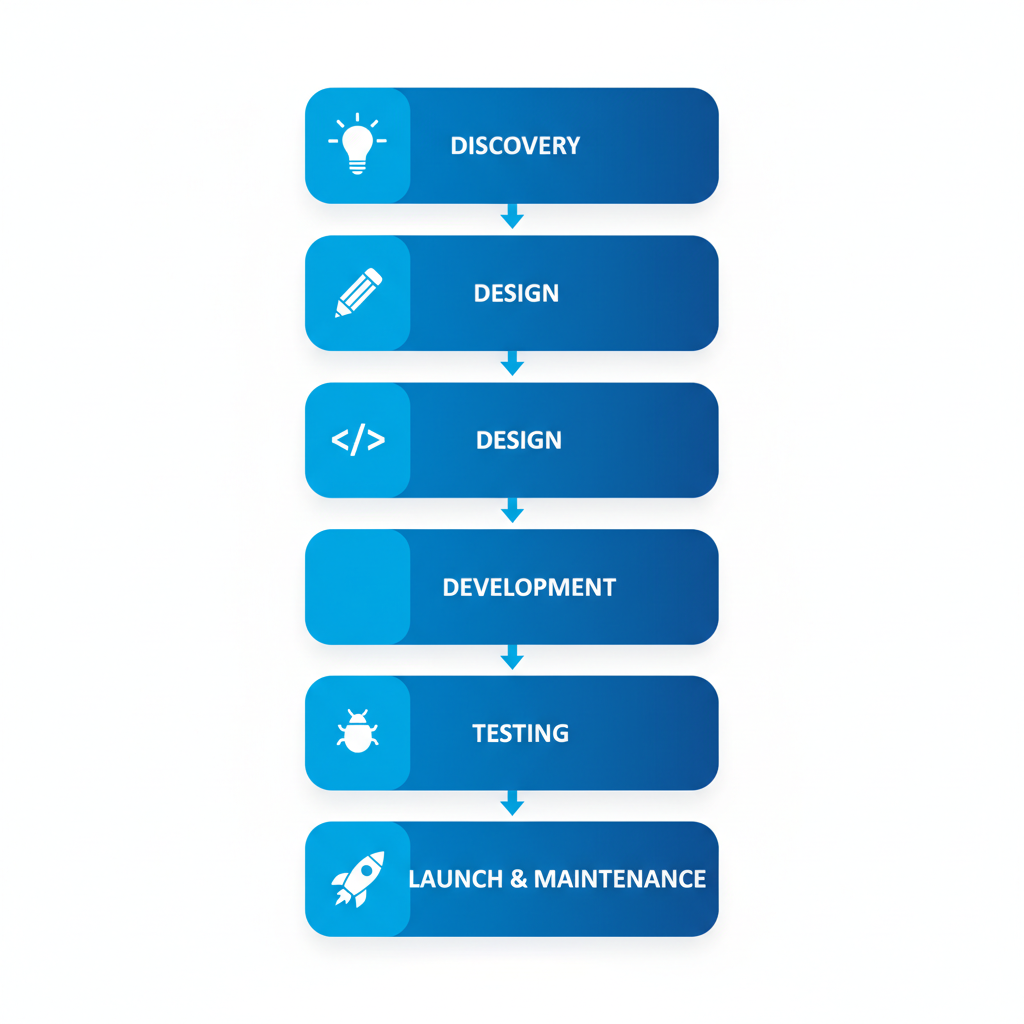 Vertical process flow diagram of five stages in white label software development partnerships with Indian teams