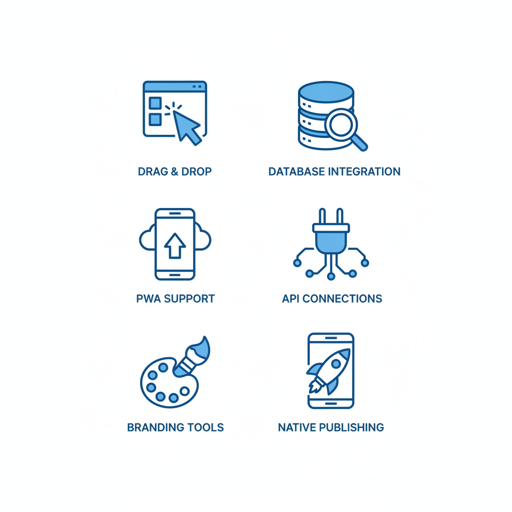 Grid of six icons depicting key Adalo features for no-code white label app building including drag-and-drop, database, PWA, API, branding, and publishing