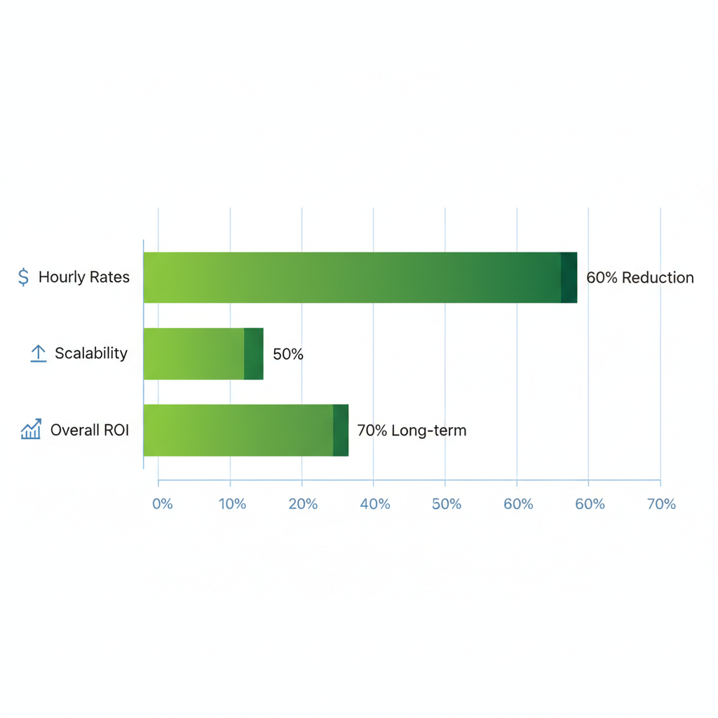 Horizontal bar chart depicting cost savings from outsourcing web development to India, featuring categories like hourly rates, scalability, and ROI with green gradient bars and icons