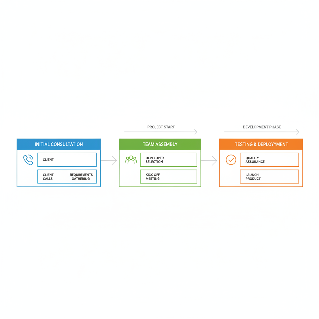 Horizontal process flow diagram illustrating the web development outsourcing process with three stages: initial consultation, team assembly and execution, testing and deployment.