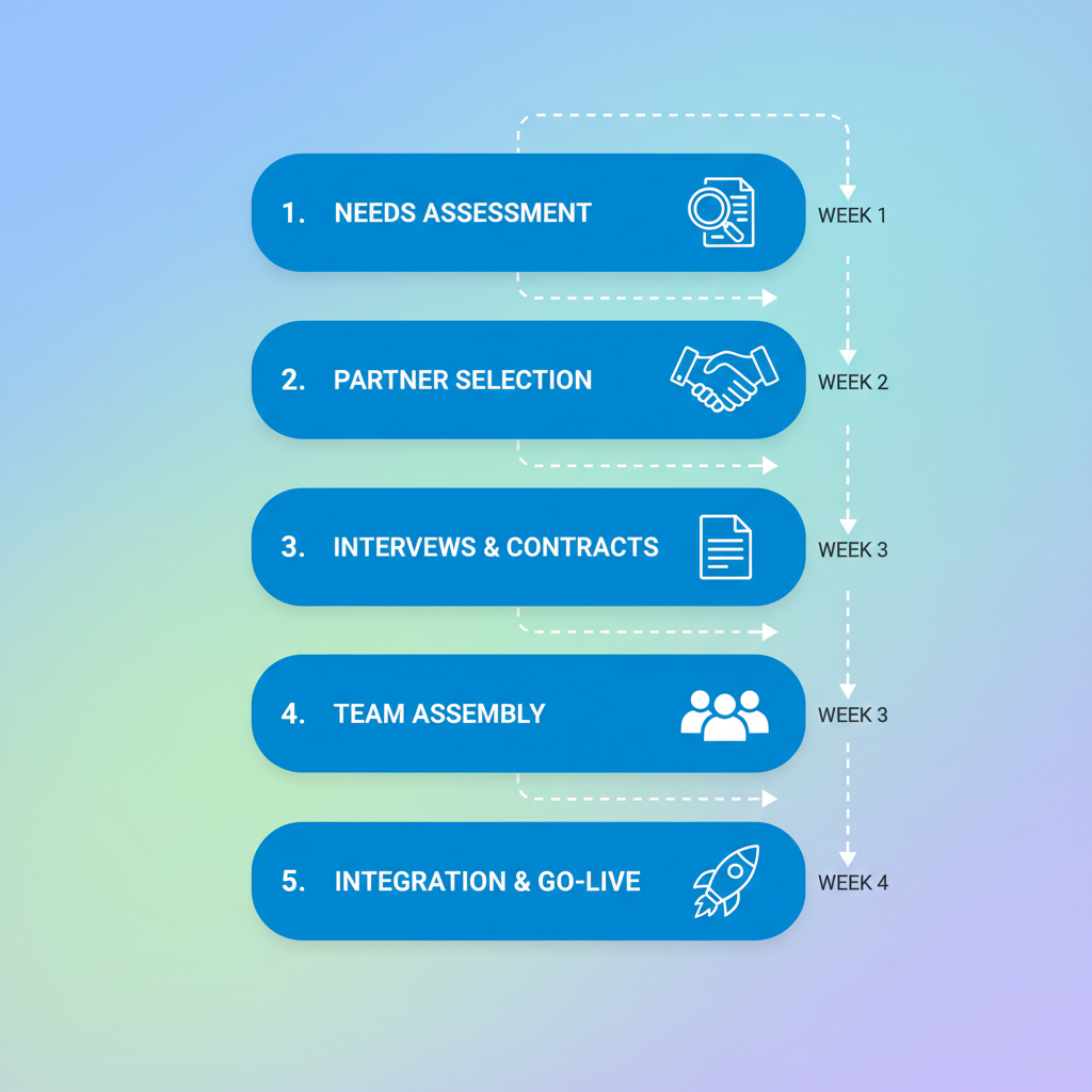 Vertical process flow diagram showing five stages of onboarding a dedicated development team in India