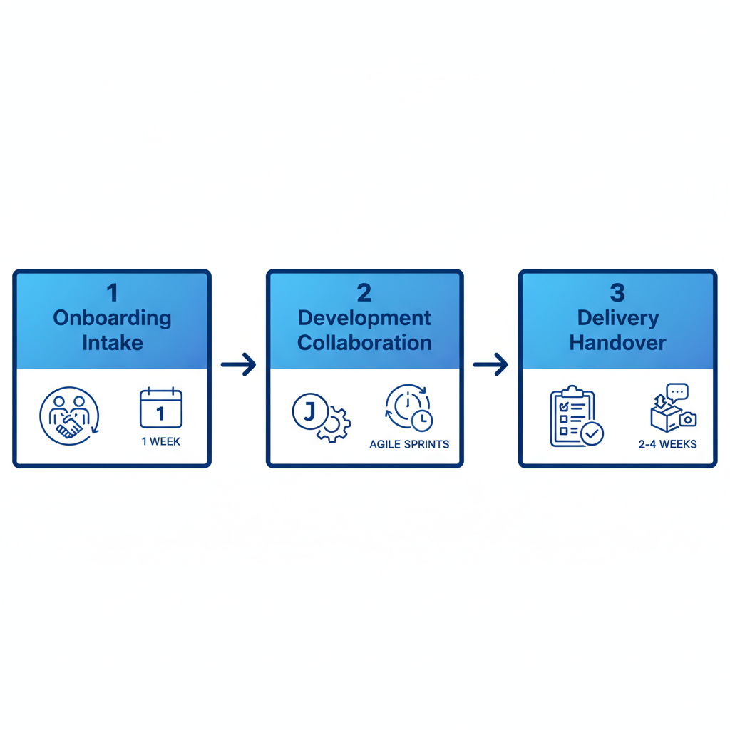 Horizontal process flow illustrating three stages of white label partnerships: onboarding, development, and delivery