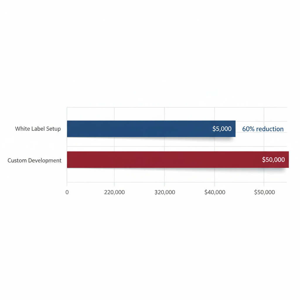 Horizontal bar chart comparing white label ecommerce development costs at $5,000 versus custom builds at $50,000, with 60% savings indicator.
