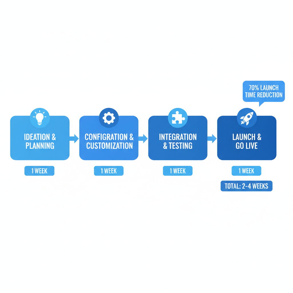 Horizontal process flow diagram illustrating rapid market entry steps with white label ecommerce and icons