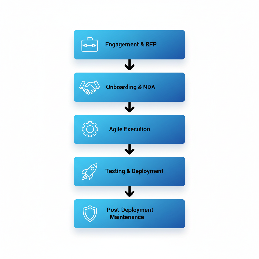 Vertical process flow diagram illustrating the five stages of outsourcing design and development: engagement, onboarding, execution, testing, and maintenance.