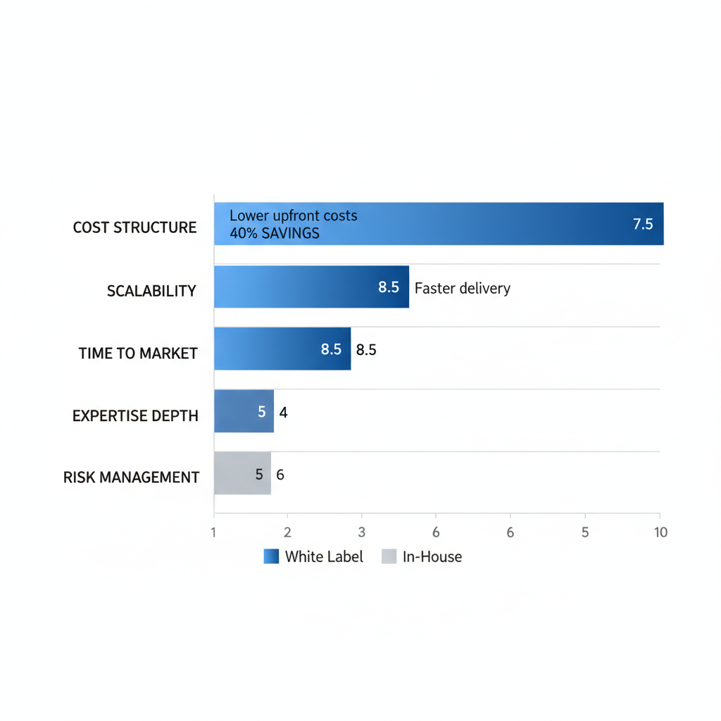Horizontal bar chart comparing advantages of white label and in-house Shopify development across key aspects