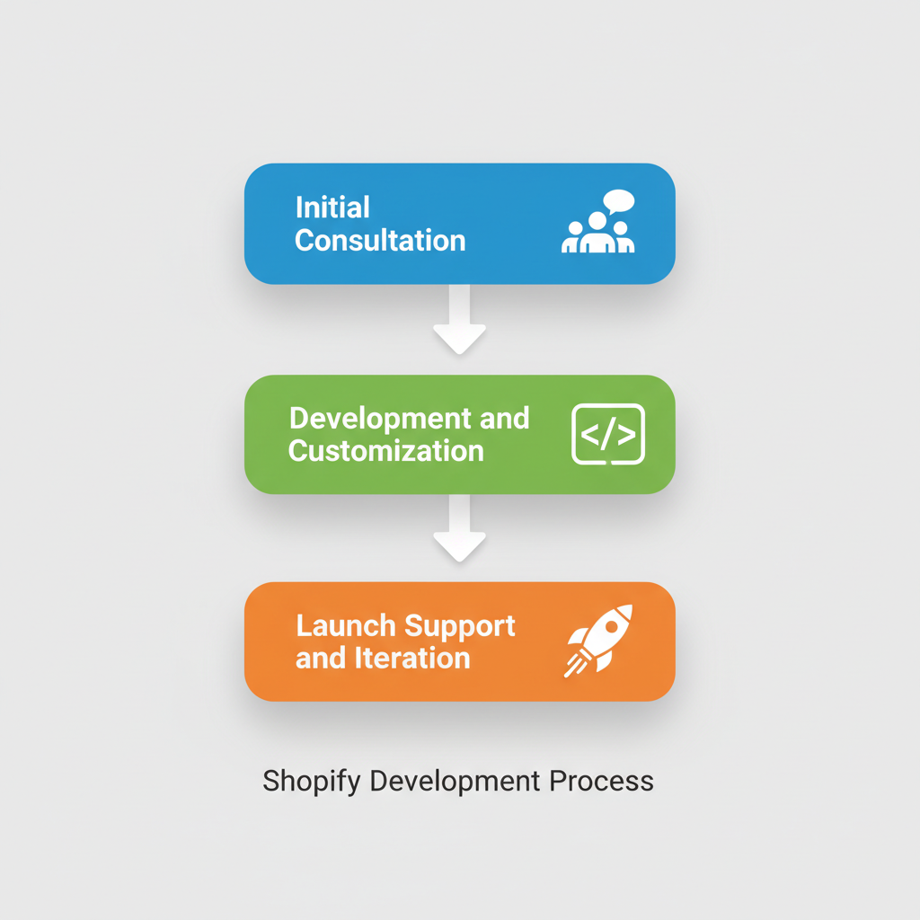 Vertical process flow diagram showing three stages of white label Shopify development: consultation, development, and launch support.