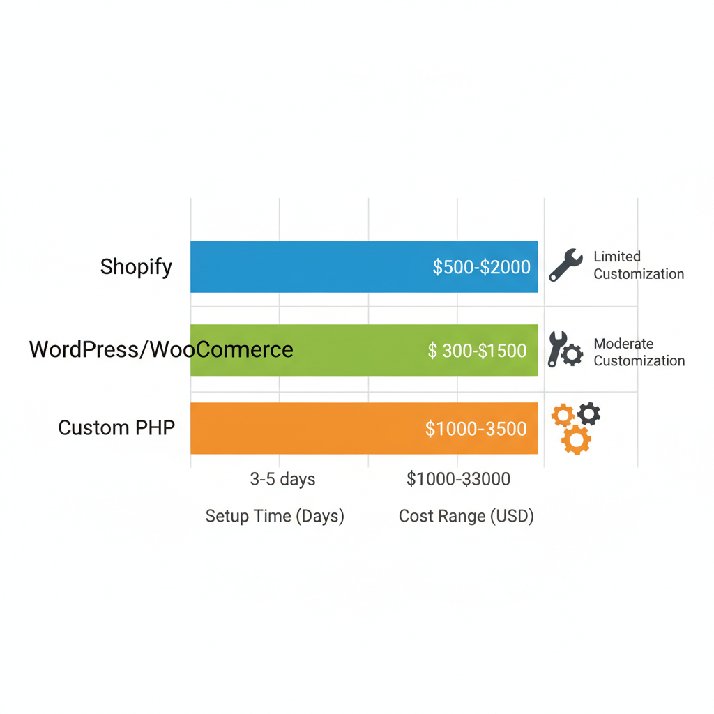 Horizontal bar chart comparing setup time and cost ranges for white label ecommerce platforms: Shopify in blue, WooCommerce in green, and Custom PHP in orange.