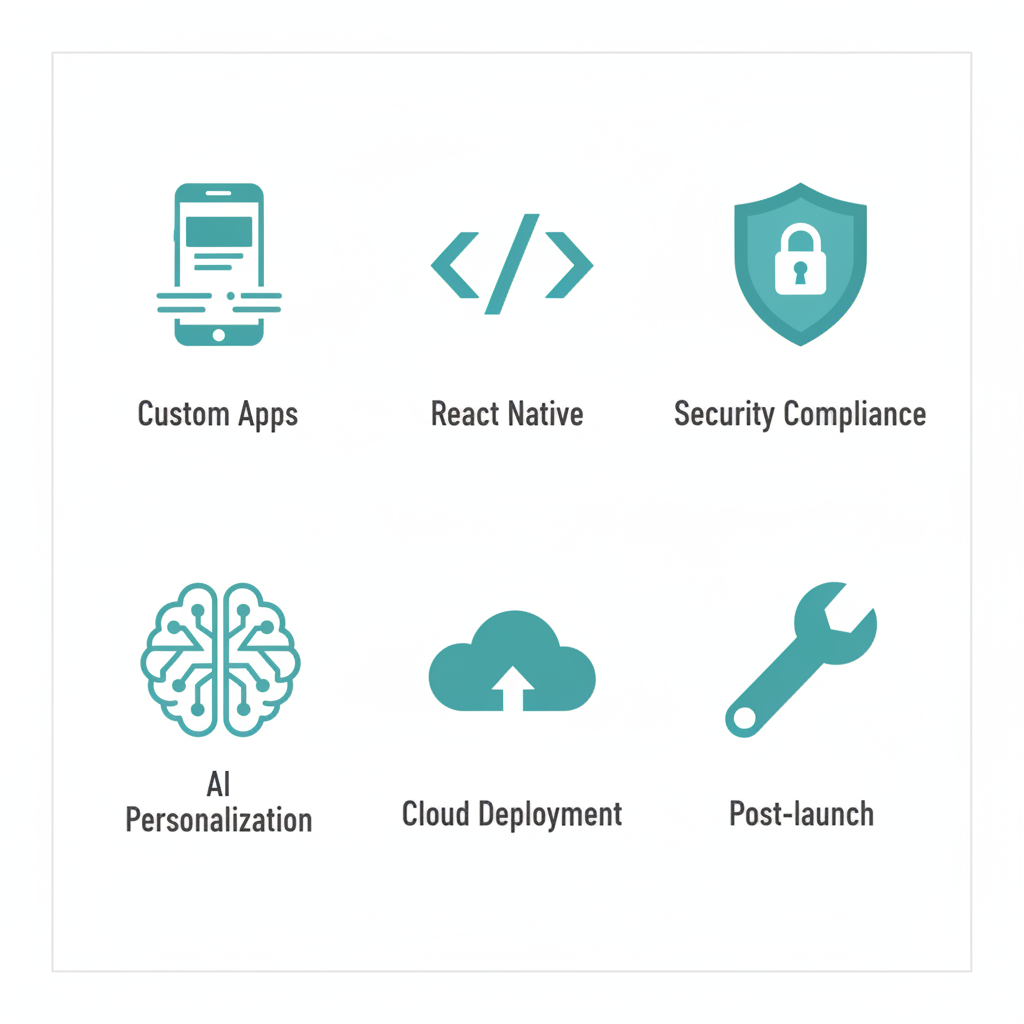 Icon grid illustrating Bantech Solutions' key mobile development features including custom apps, React Native, security, AI, cloud, and maintenance