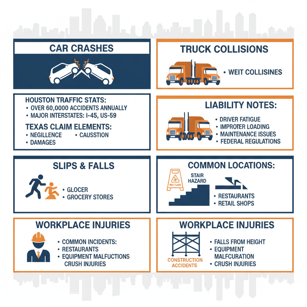 Infographic depicting common personal injury cases in Houston including car crashes, truck collisions, slips and falls, and workplace injuries with Texas claim details.