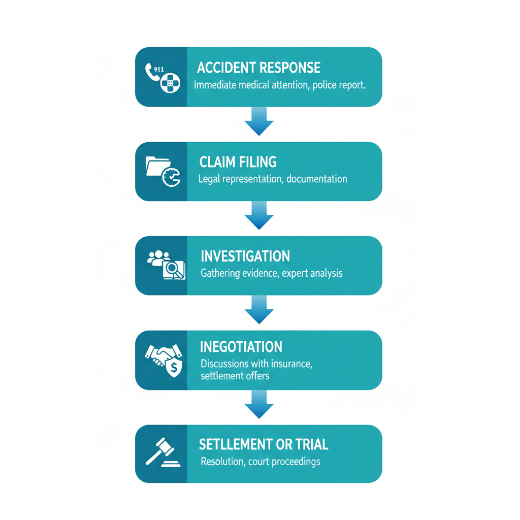 Vertical process flow diagram illustrating the five key stages of a personal injury case in Houston: from initial response to settlement or trial, with icons and arrows.