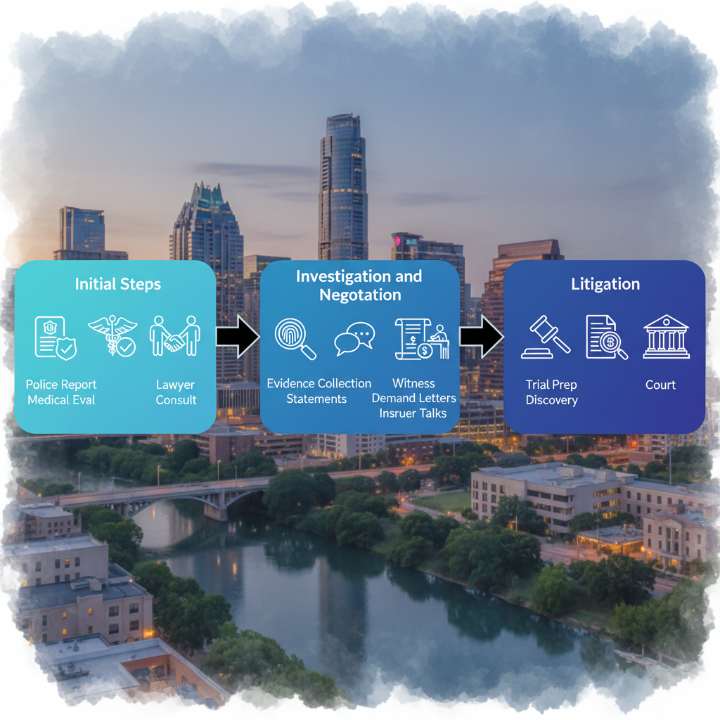 Horizontal process flow diagram illustrating the three main phases of a personal injury claim in Austin, from initial steps to litigation