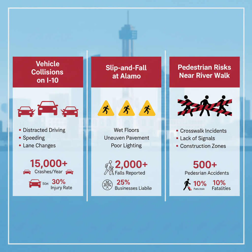 Infographic illustrating common personal injury accidents in San Antonio including vehicle collisions, slip-and-falls, and pedestrian risks with local statistics icons