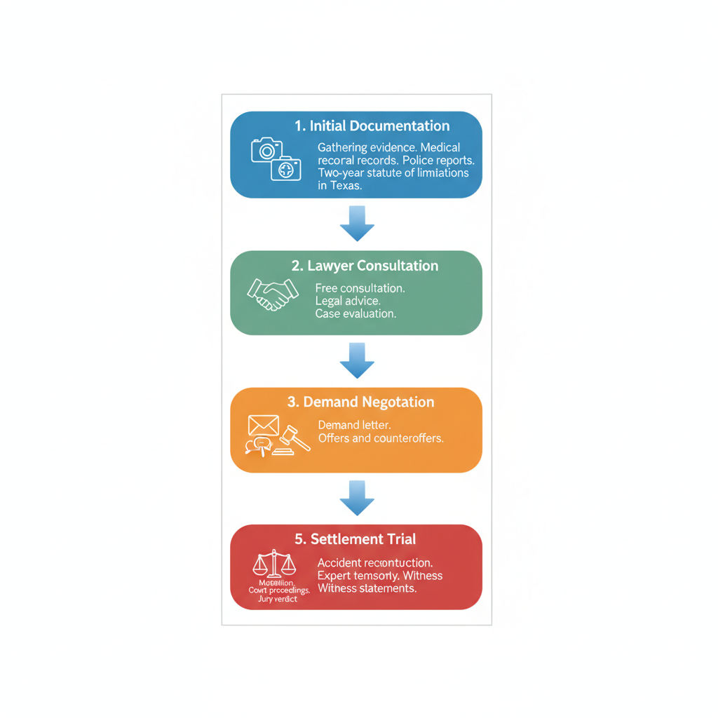 Vertical process flow diagram showing five steps of personal injury claims in San Antonio with icons and Texas notes
