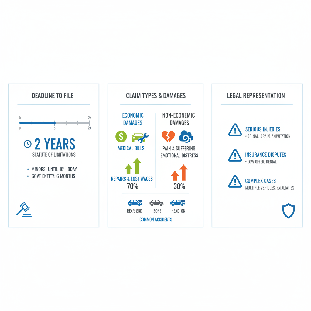 Infographic depicting key elements of personal injury claims in Texas with Midland focus, including timelines, damages, and legal needs