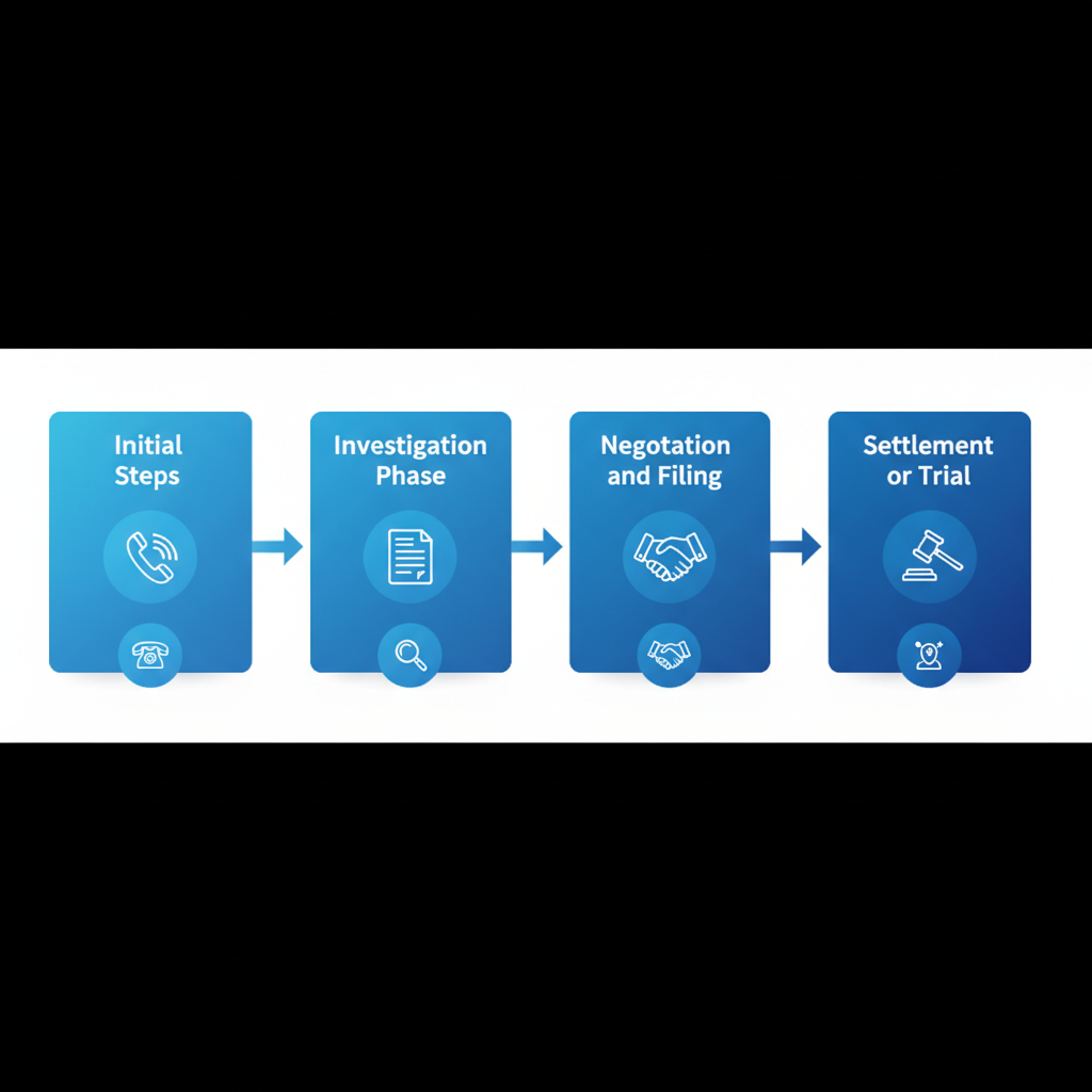 Horizontal process flow diagram showing the four stages of personal injury claims in Las Vegas with icons and connections