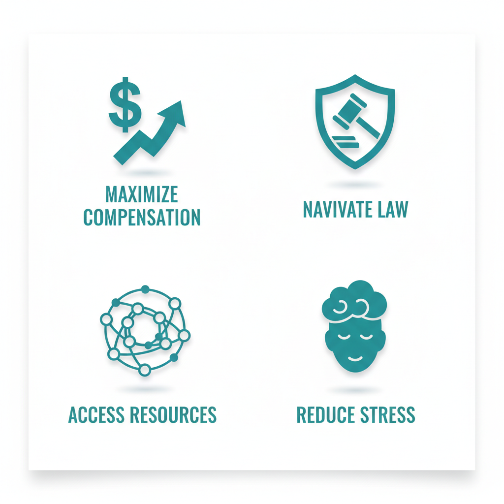 Grid of icons illustrating key benefits of hiring a personal injury lawyer in Las Vegas: compensation, legal navigation, resources, and stress relief