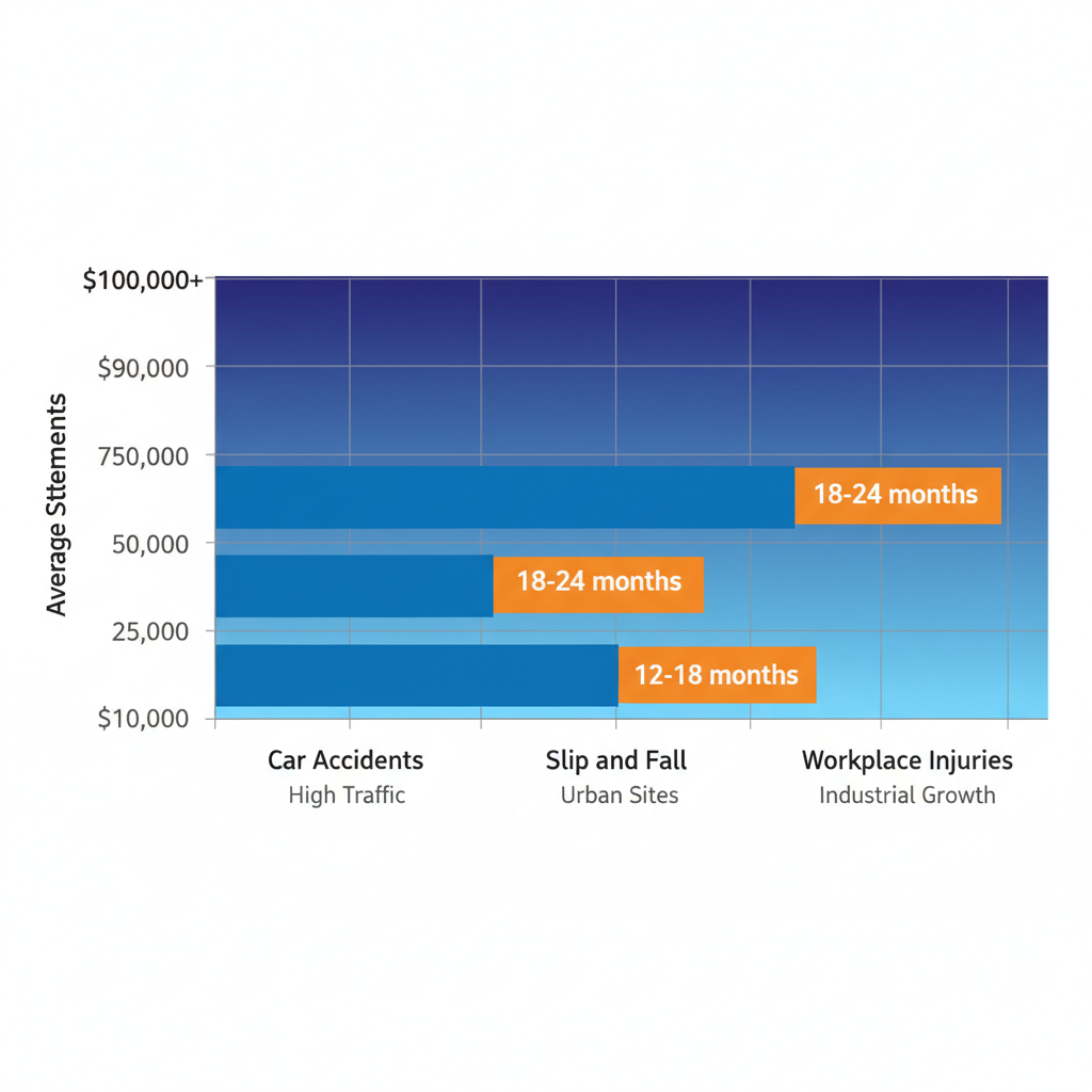 Horizontal bar chart comparing average settlements and timelines for car accidents, slip and fall, and workplace injuries in Phoenix