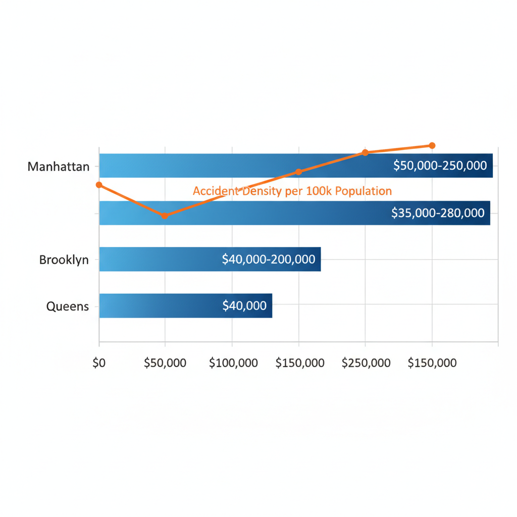 Horizontal bar chart comparing personal injury settlement ranges across NYC neighborhoods with accident density overlay