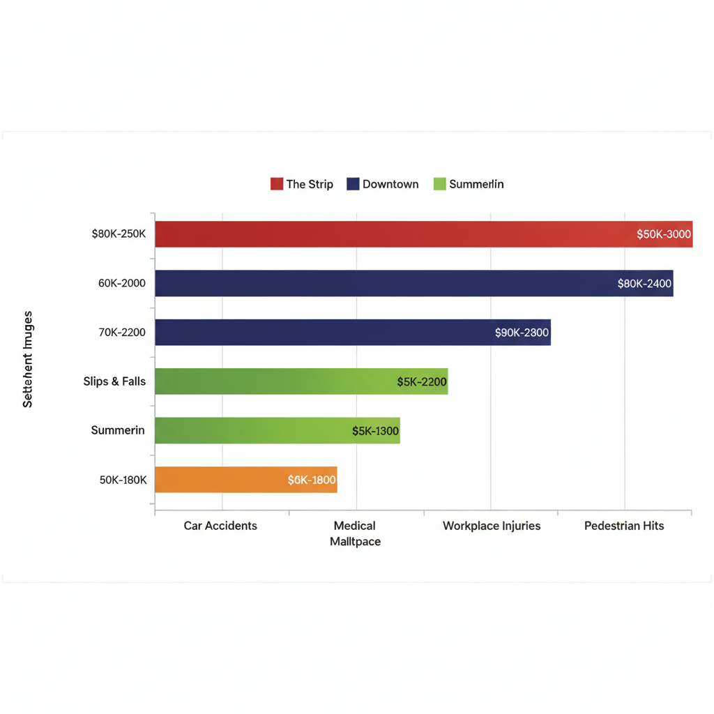 Horizontal bar chart comparing average personal injury settlement ranges by case type across Las Vegas neighborhoods: The Strip, Downtown, Summerlin, and North Las Vegas.