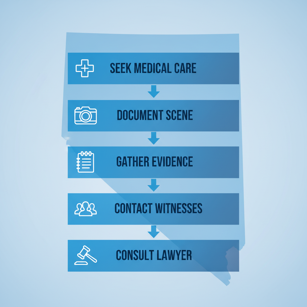 Vertical process flow diagram illustrating five key steps to initiate a personal injury claim in Las Vegas with icons and brief labels.